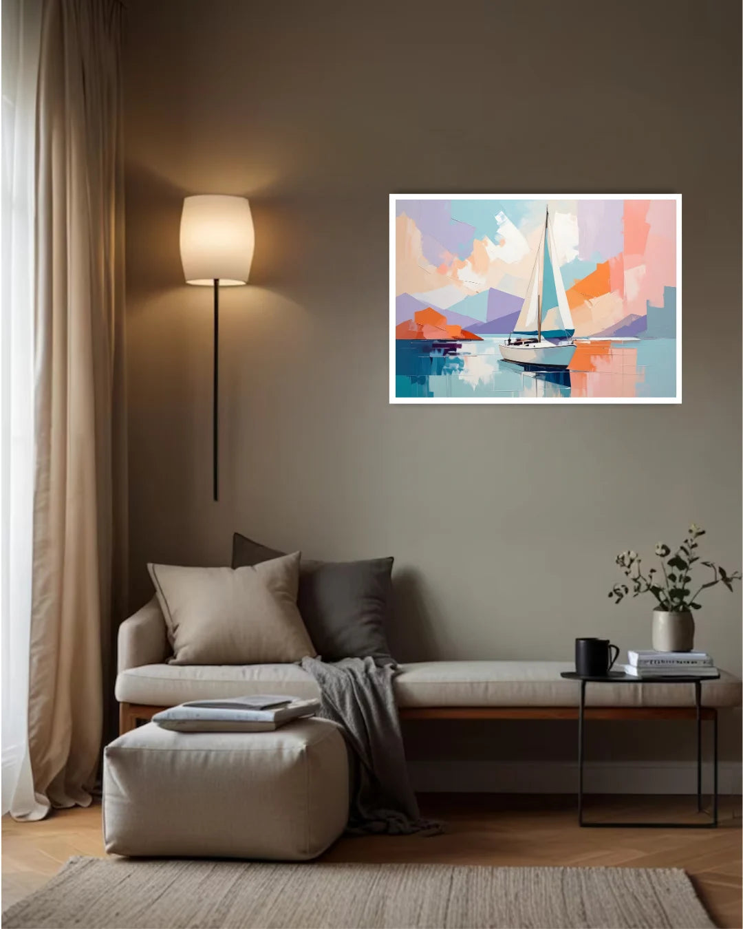 abstract coastal wall art canvas in modern interior setting