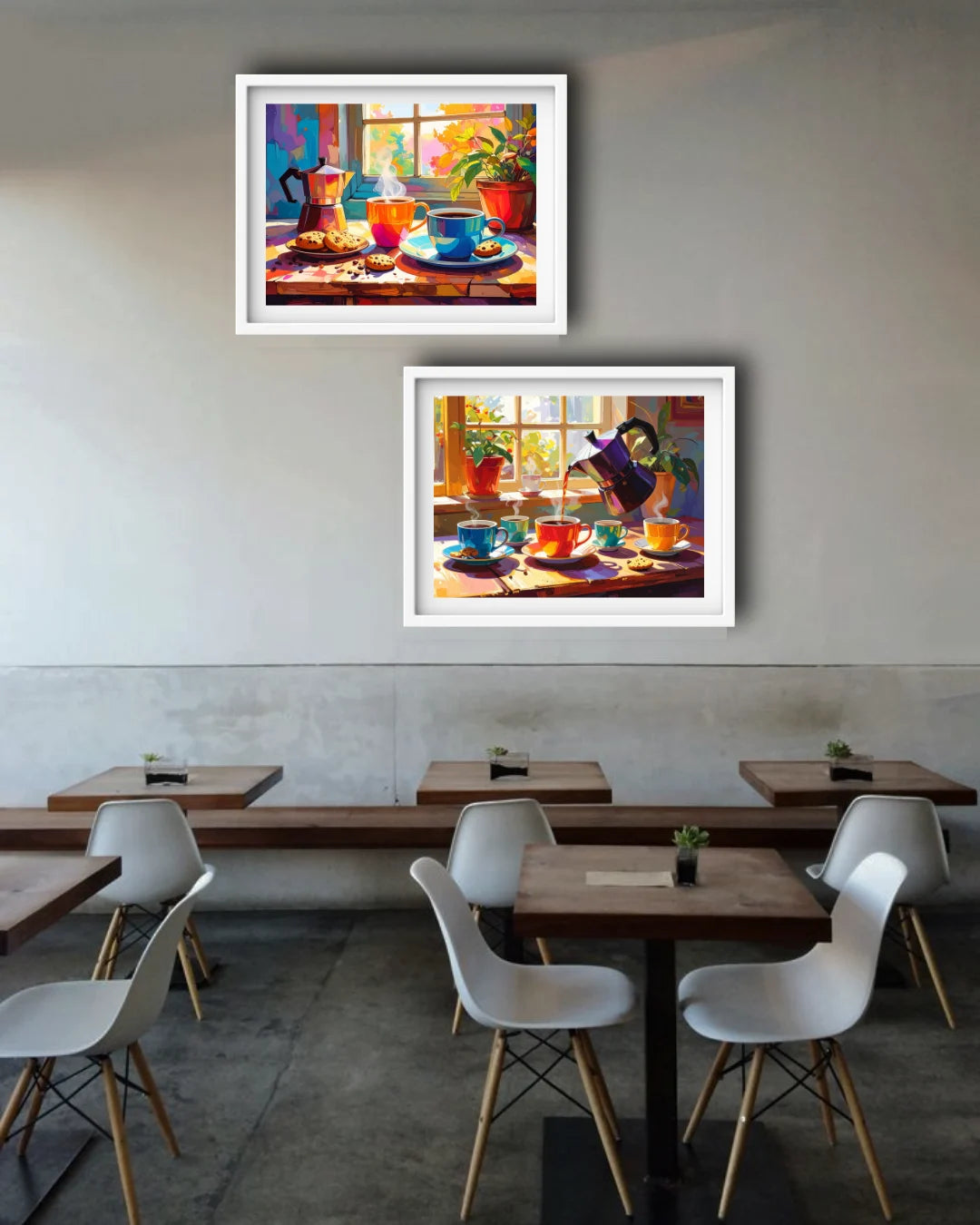Abstract coffee tableware canvas wall art set with vibrant colors
