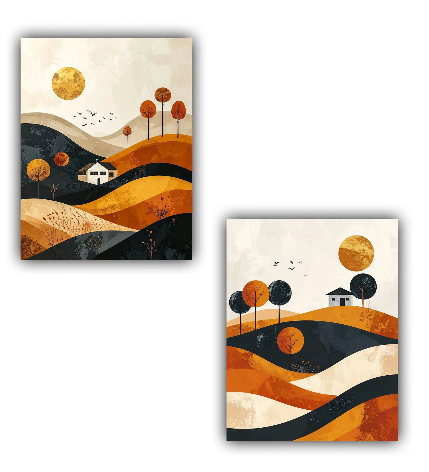 close-up of abstract desert wall art with geometric shapes and warm tones