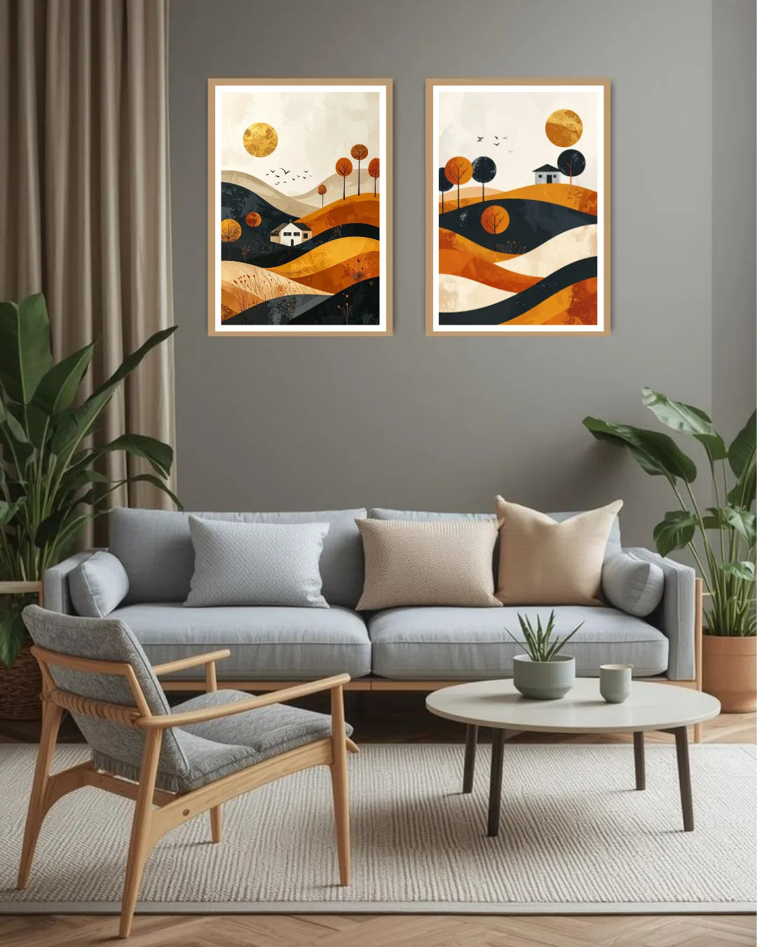 abstract desert wall art canvas displayed in modern living room with neutral decor