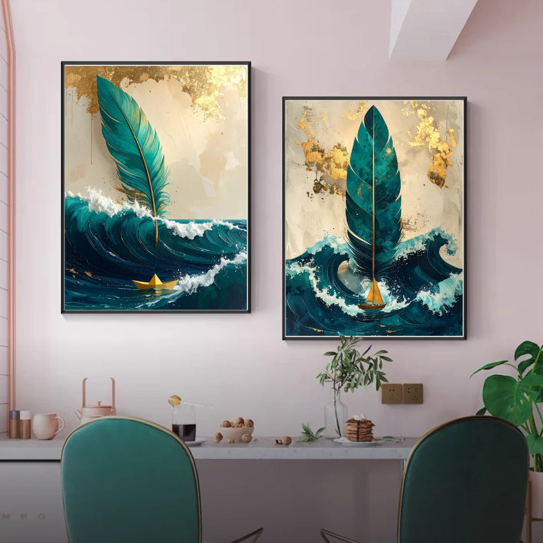Abstract feather ocean wall art set in modern home interior
