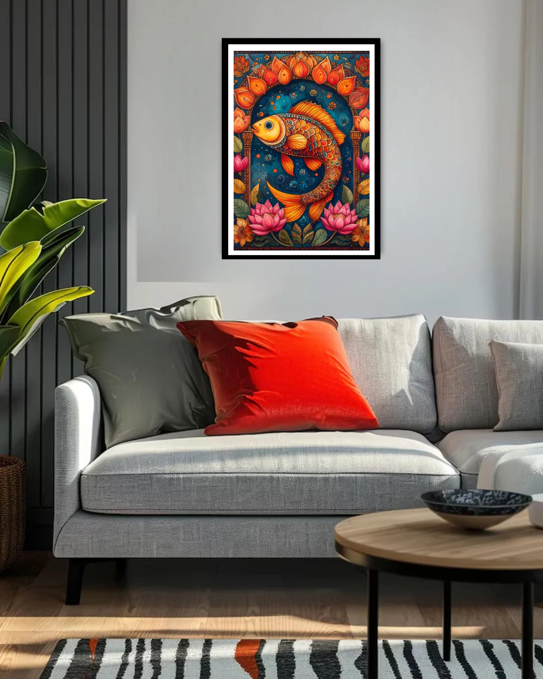colorful abstract fish painting above grey sofa in modern living room