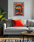colorful abstract fish painting above grey sofa in modern living room