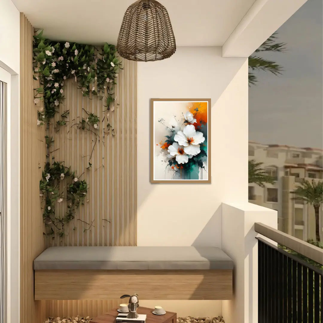 Abstract floral canvas wall art displayed in modern balcony decor

