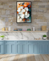 Abstract floral canvas wall art in modern kitchen interior
