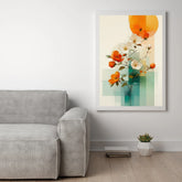 Abstract floral canvas wall art displayed above sofa in living room
