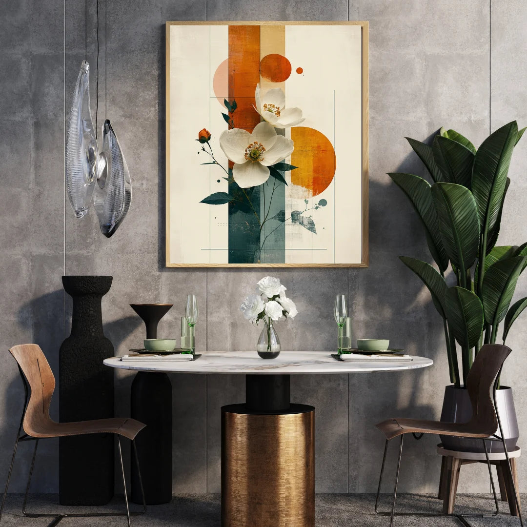 Abstract floral canvas wall art in modern dining room interior
