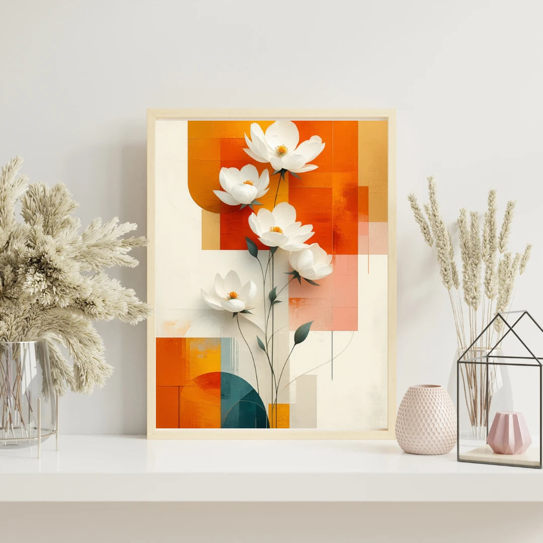 Abstract floral canvas wall art with modern orange flower design
