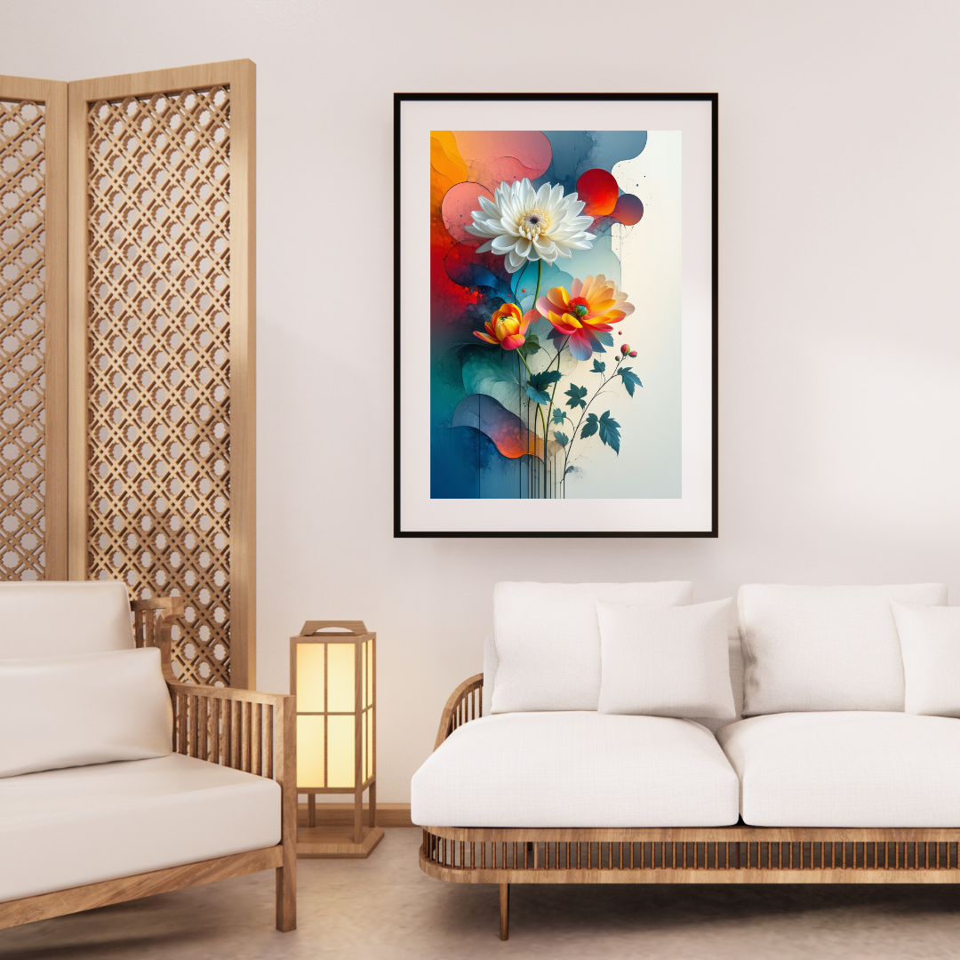 Modern abstract floral canvas wall art above sofa decor
