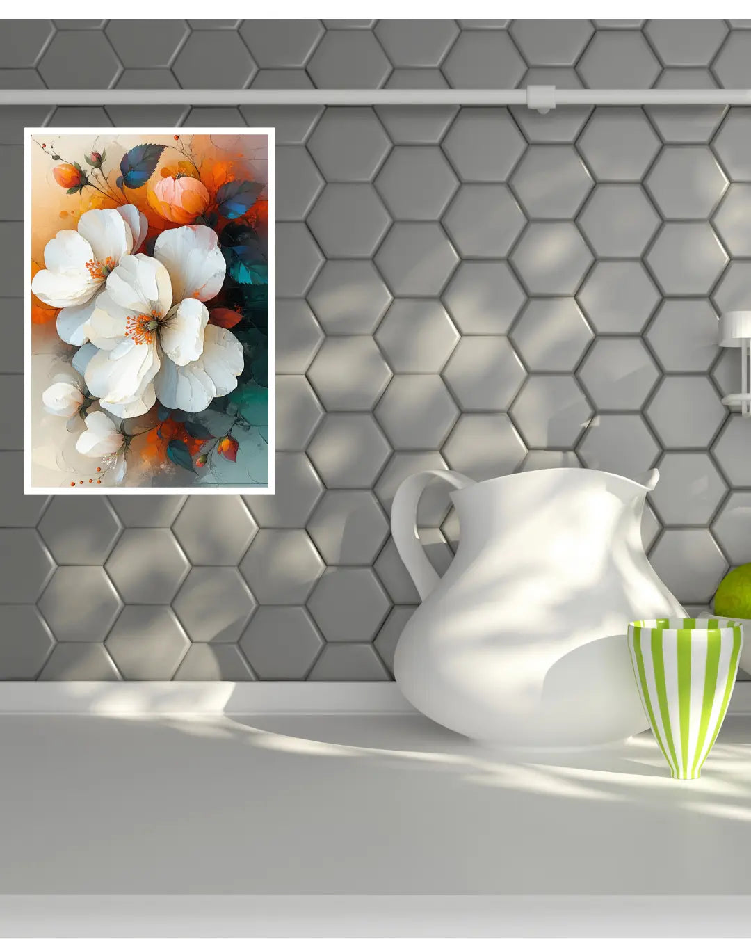 Abstract flower canvas wall art on textured modern wall
