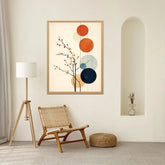 Abstract geometric wall art canvas displayed near an arch wall in a minimalist interior
