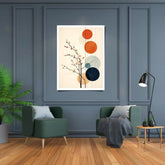 Abstract geometric wall art canvas hanging on a blue panel wall in a modern interior
