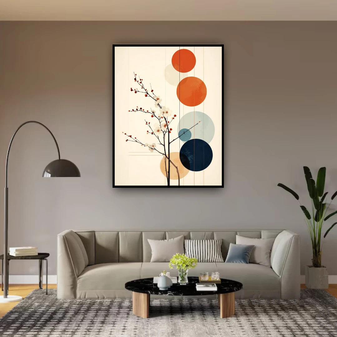 Modern abstract geometric wall art canvas displayed above a sofa in a dark living room interior
