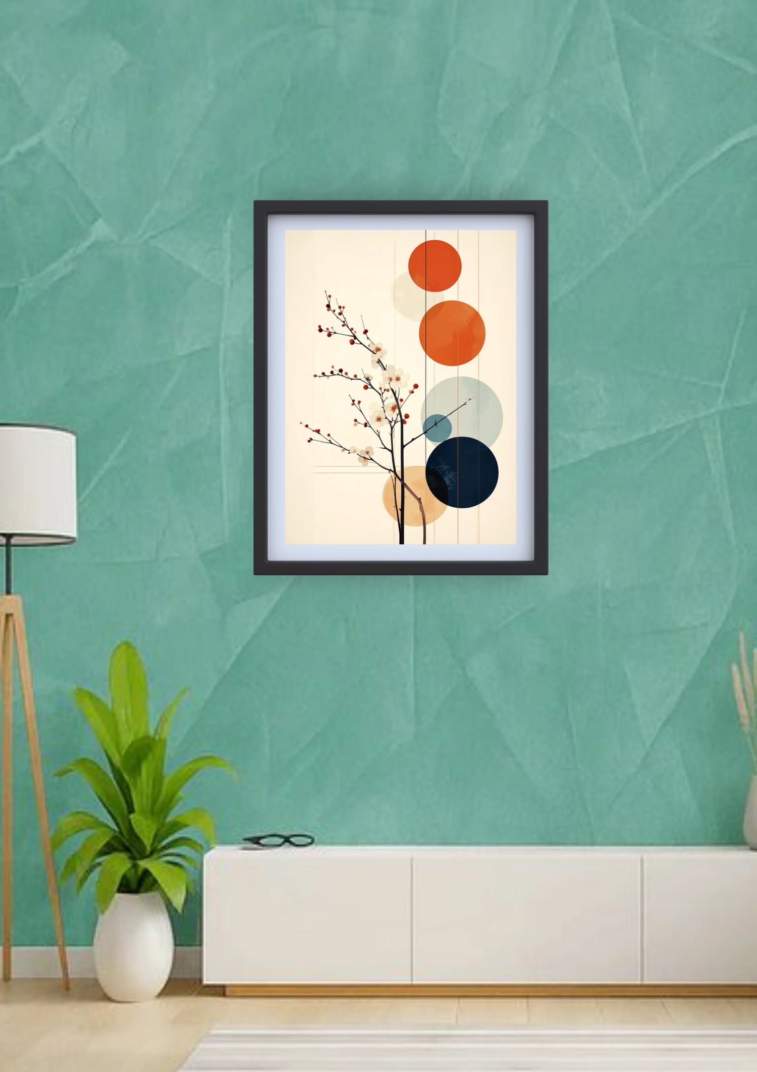 Modern living room decorated with abstract geometric wall art canvas on a green wall
