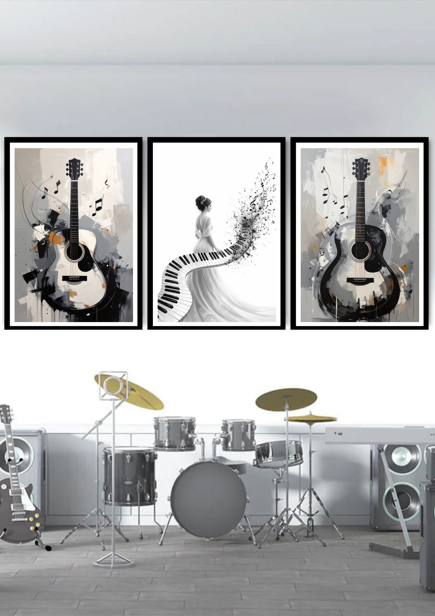 Abstract black and white guitar wall art canvas in minimal interior