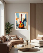 abstract guitar wall art canvas displayed in modern living room