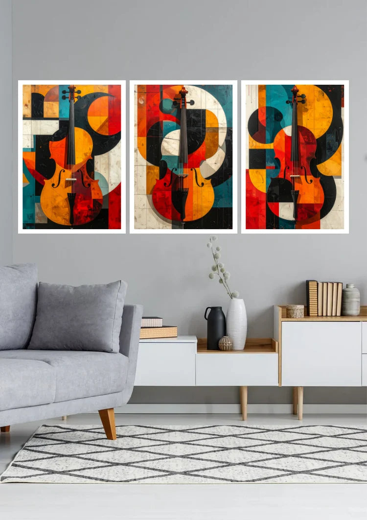 Vibrant abstract music-inspired three-piece canvas wall art displayed above a sofa in a contemporary living room.