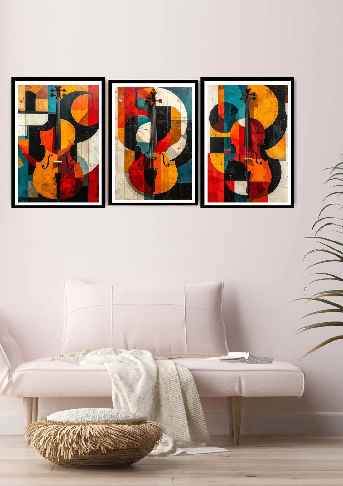 Abstract music canvas wall art set of 3 modern string instrument painting for home decor