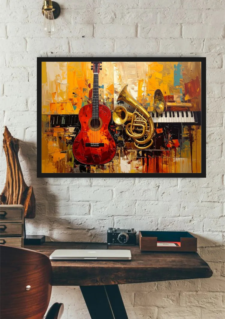 Colorful abstract musical instruments canvas wall art featuring guitar, trumpet, and cityscape displayed in a modern home office.