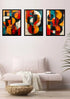 Colorful abstract musical triptych canvas wall art featuring guitar-inspired artwork displayed in a modern living room.