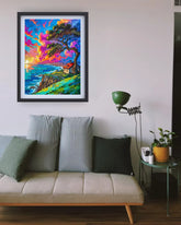 vibrant landscape canvas artwork displayed in cozy living room