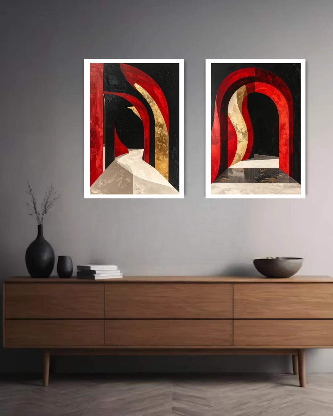 bold red black abstract wall art canvas in modern interior setting