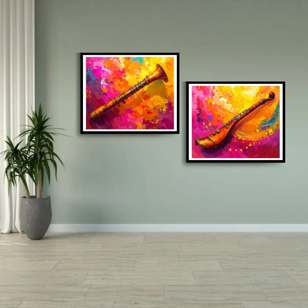 Abstract string instrument canvas wall art set of 2 modern Indian music painting