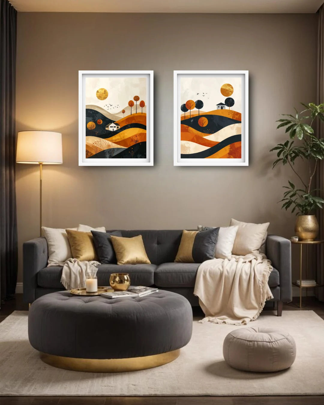 abstract sunset desert painting displayed in warm cozy living room