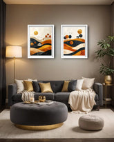 abstract sunset desert painting displayed in warm cozy living room