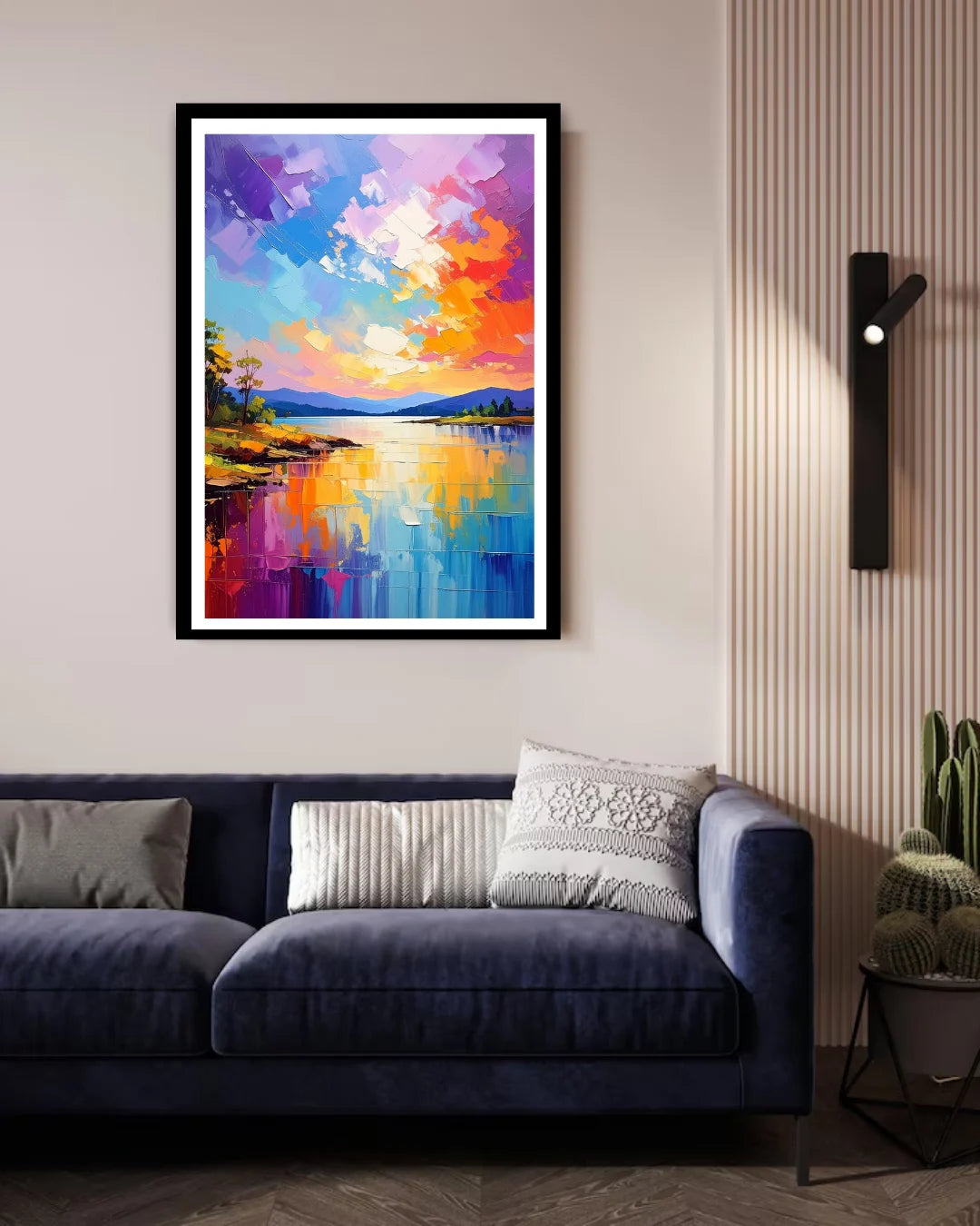 colorful abstract sunset wall art canvas displayed in modern living room