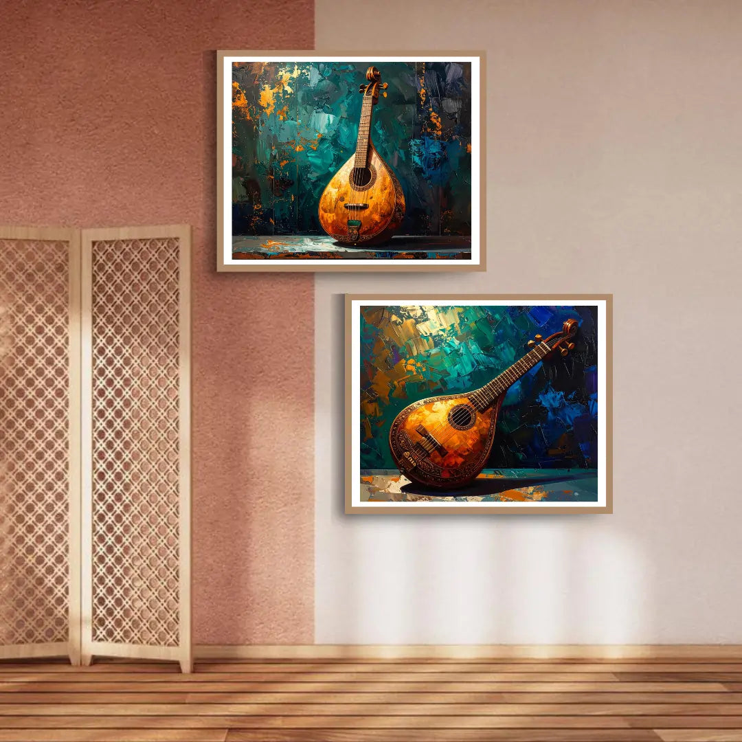 Abstract veena canvas wall art set of 2 inspired by Indian classical music for home decor