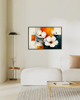 Abstract white floral wall art canvas displayed on a bedroom wall in a minimalist interior
