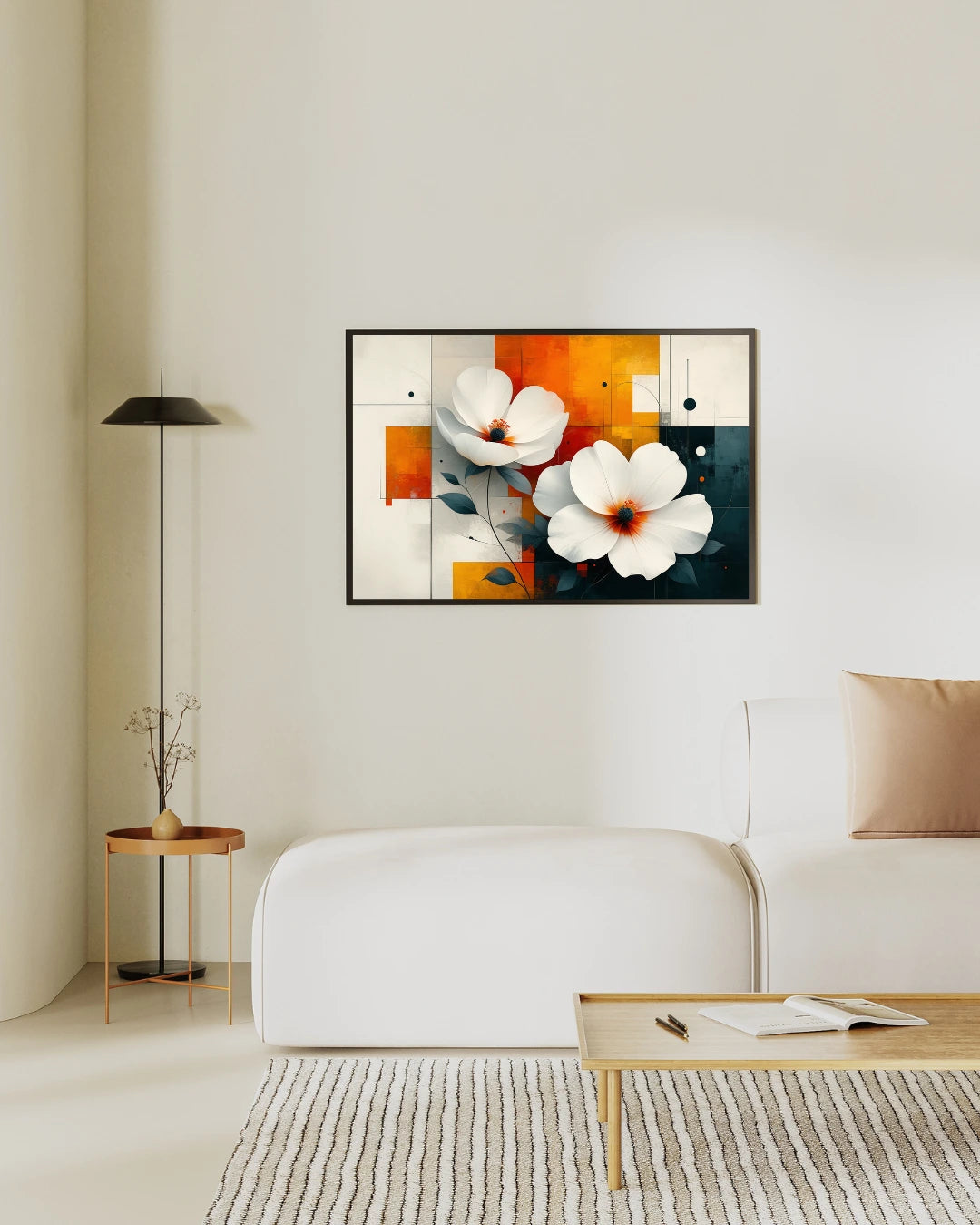 Abstract white floral wall art canvas displayed on a bedroom wall in a minimalist interior
