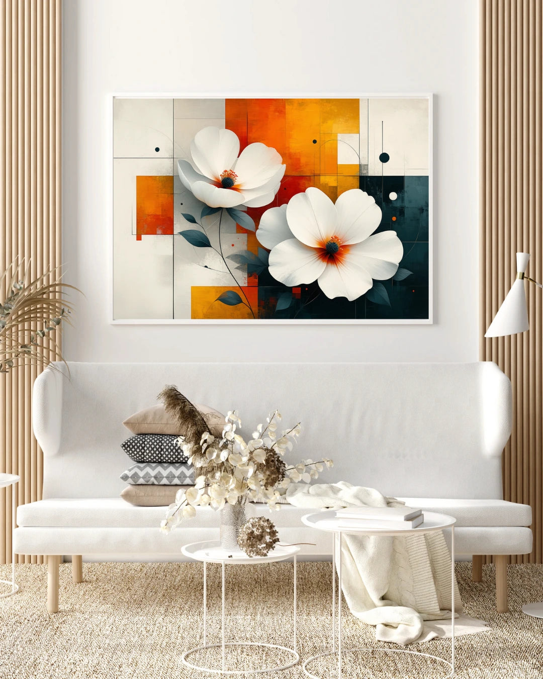 Abstract white floral wall art canvas displayed above a white sofa in a modern living room
