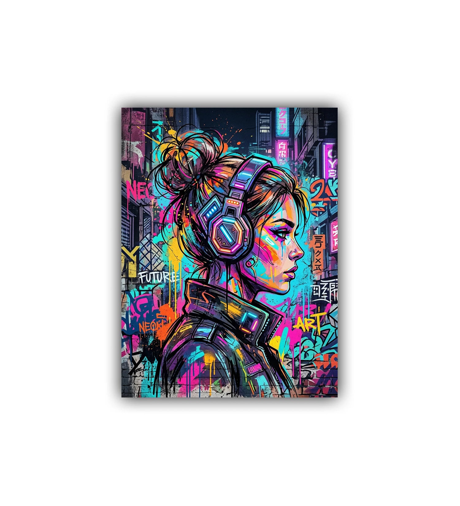 Colorful artwork of a woman with headphones against a futuristic cityscape background