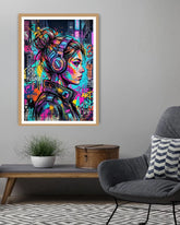 Colorful abstract art print of a woman with headphones on a gray wall above a coffee table.