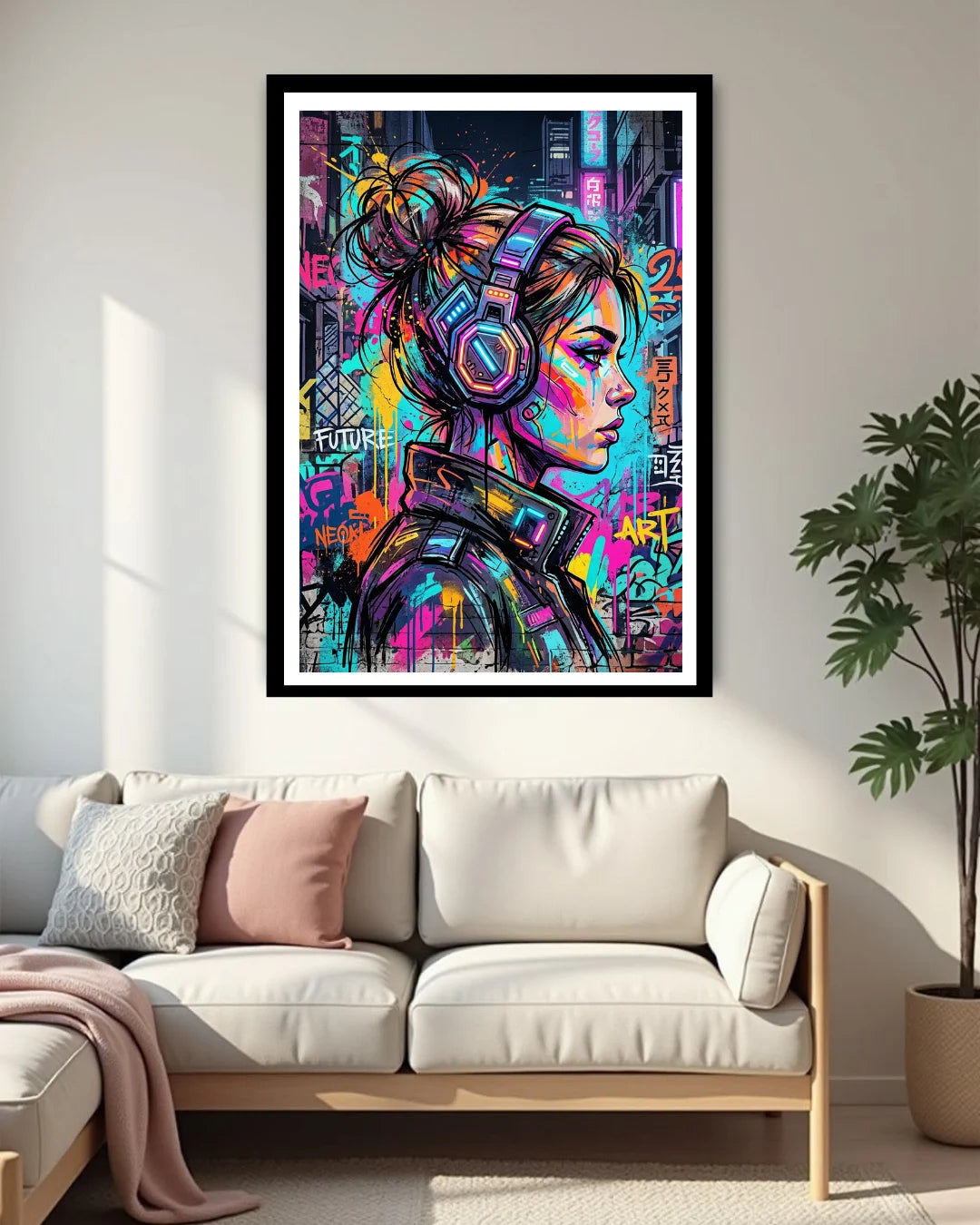 Framed colorful art print of a woman with headphones on a wall above a white sofa.