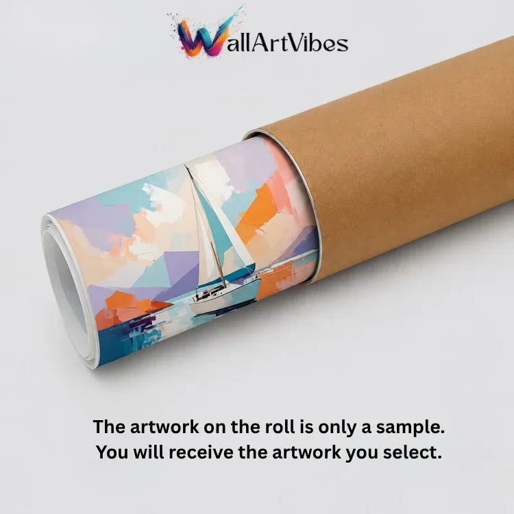 A rolled canvas print partially inside a brown cardboard tube on a light gray background, with the WallArtVibes logo at the top and text stating the artwork on the roll is only a sample.