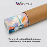 A rolled canvas print partially inside a brown cardboard tube on a light gray background, with the WallArtVibes logo at the top and text stating the artwork on the roll is only a sample.
