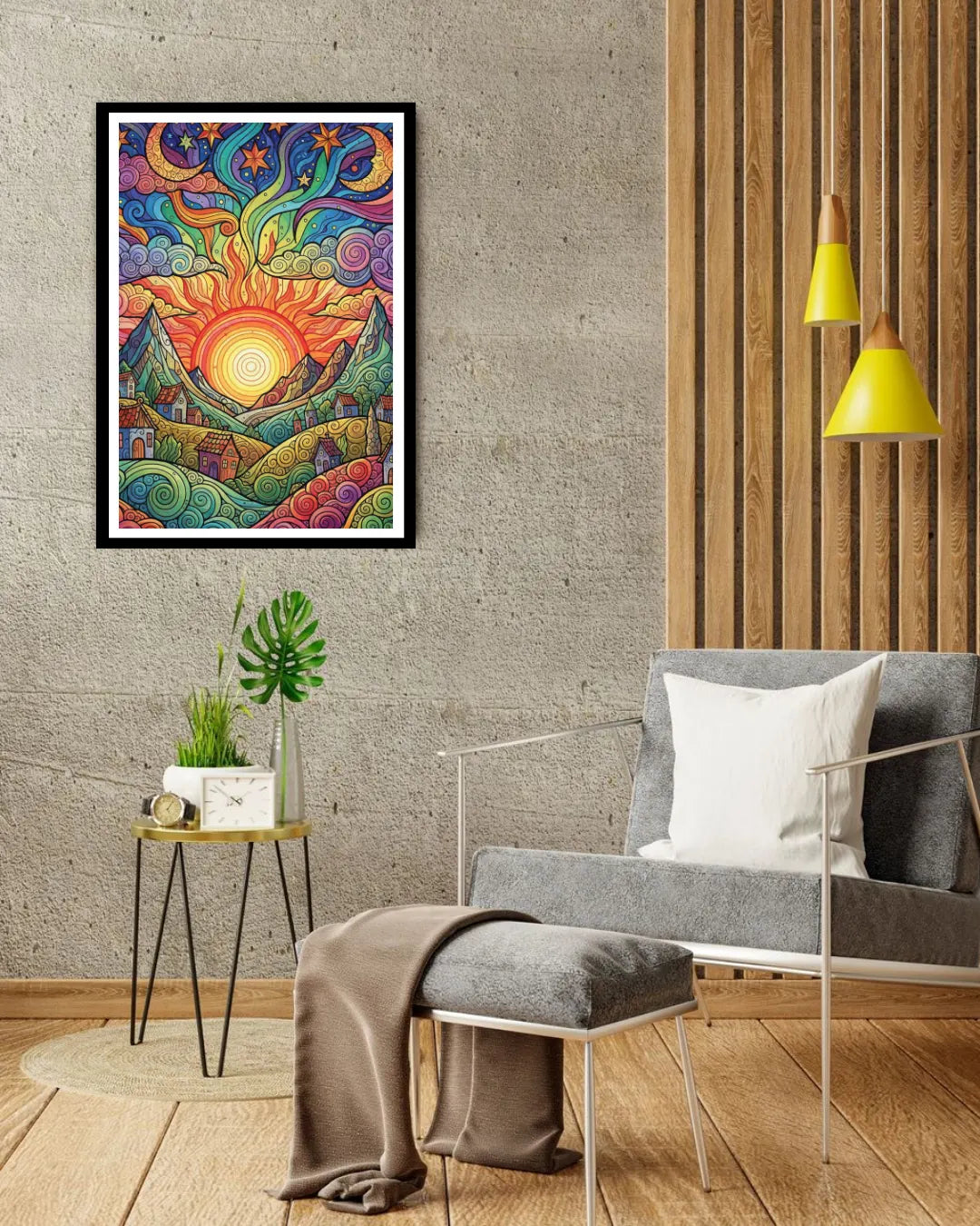 Colorful abstract artwork on a wall in a modern living room.