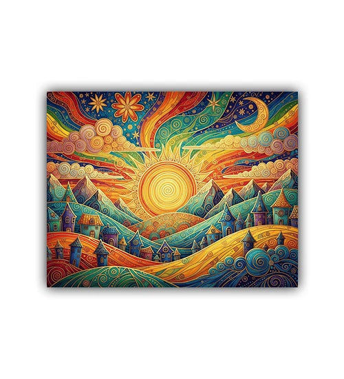 Colorful abstract artwork with a sun, mountains, and houses on a white background