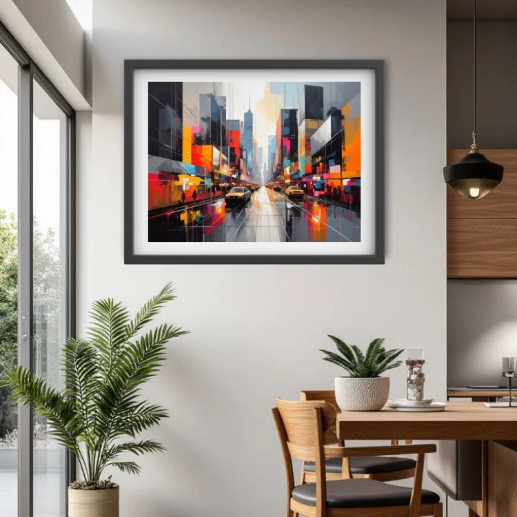 A framed abstract cityscape painting with vibrant multicolor streetlights and tall buildings, displayed on a light gray wall in a modern dining room setting.