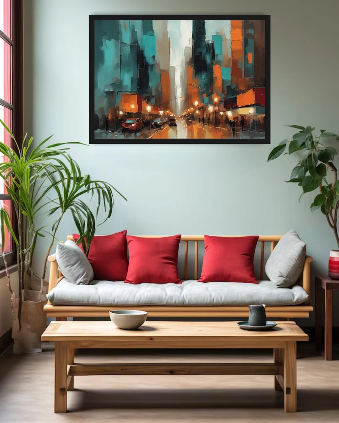 A framed abstract cityscape painting in teal, orange, black, and white hangs on a light gray wall above a wooden sofa with red and gray cushions in a modern living room setting.