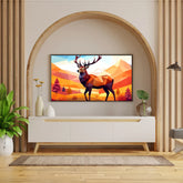 Modern living room with a TV displaying a deer in a geometric landscape, surrounded by decorative elements.