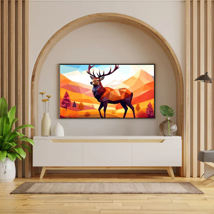 Modern living room with a TV displaying a deer in a geometric landscape, surrounded by decorative elements.