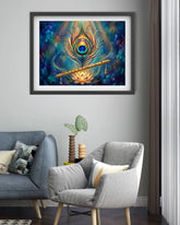 A framed abstract art print featuring a peacock feather and a golden flute on a dark blue cosmic background, displayed on a light gray wall above a modern gray armchair in a living room setting.