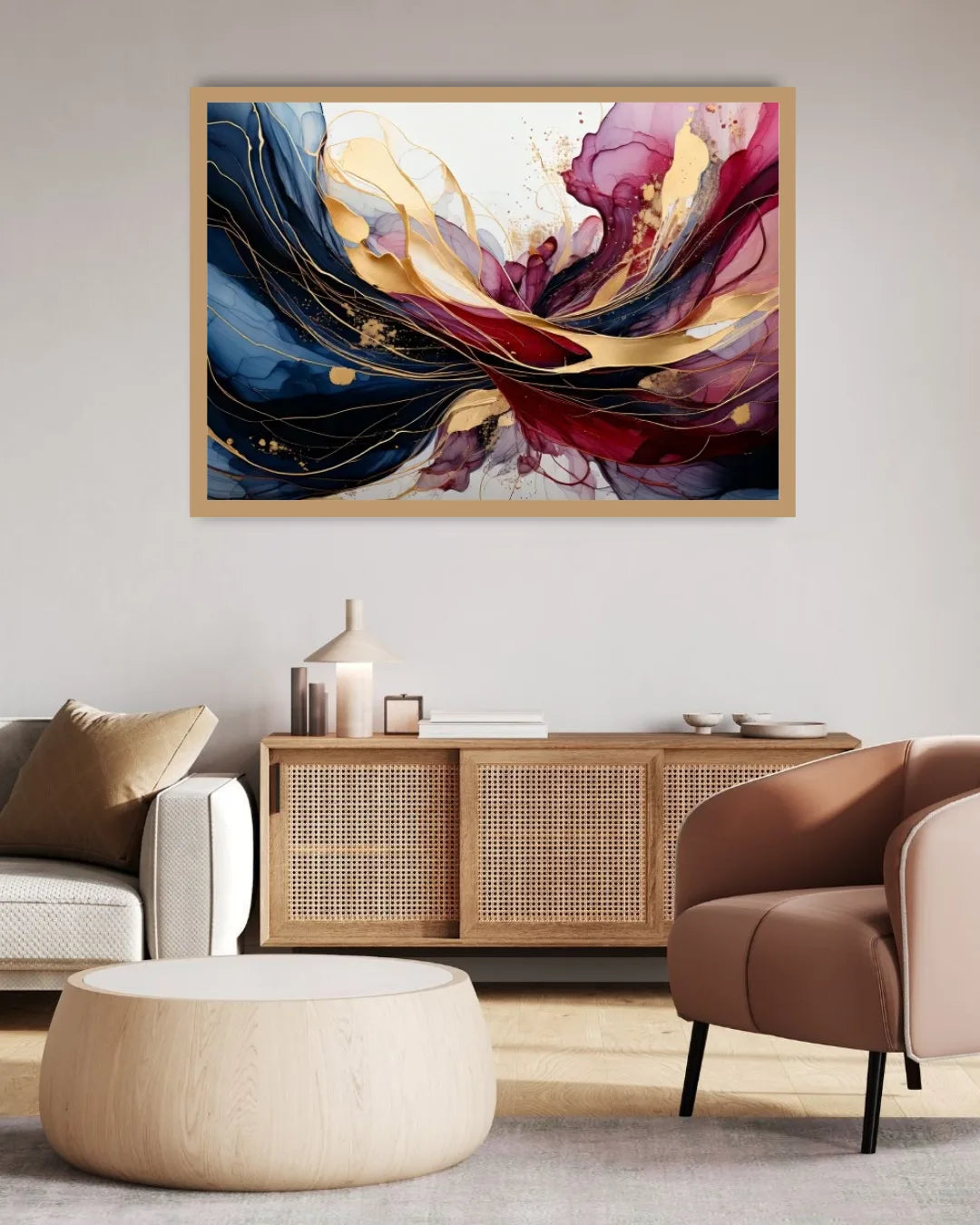 Abstract framed wall art hanging above a wooden cabinet in a modern living room. The artwork features flowing brushstrokes of deep blue, burgundy, magenta, gold, and cream on a light background.
