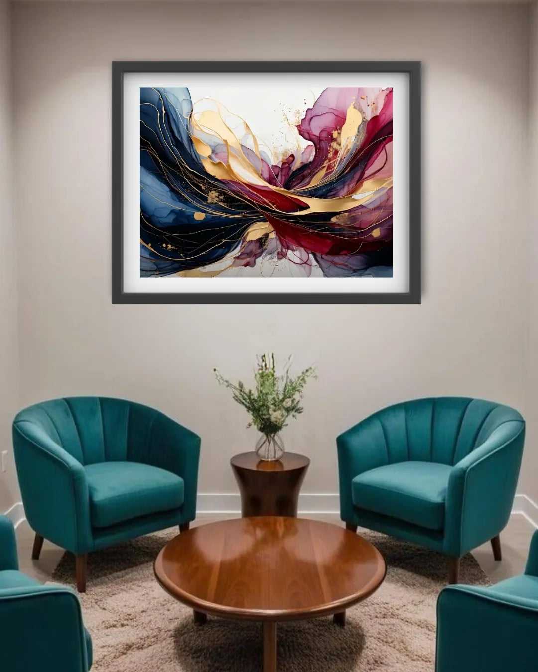 Framed abstract wall art with swirling blue, gold, red, and purple brushstrokes, displayed above a round wooden coffee table in a modern living room with teal armchairs.