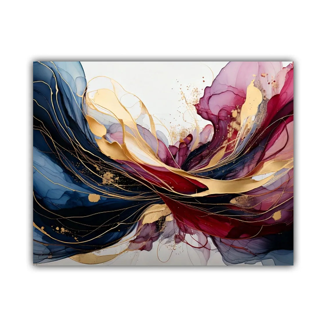Abstract canvas wall art featuring flowing maroon, navy blue, and gold paint-like forms on a white background.