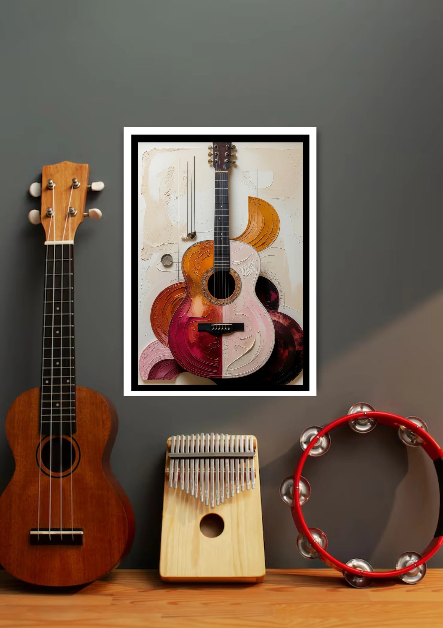 Guitar art print on a wall with musical instruments below